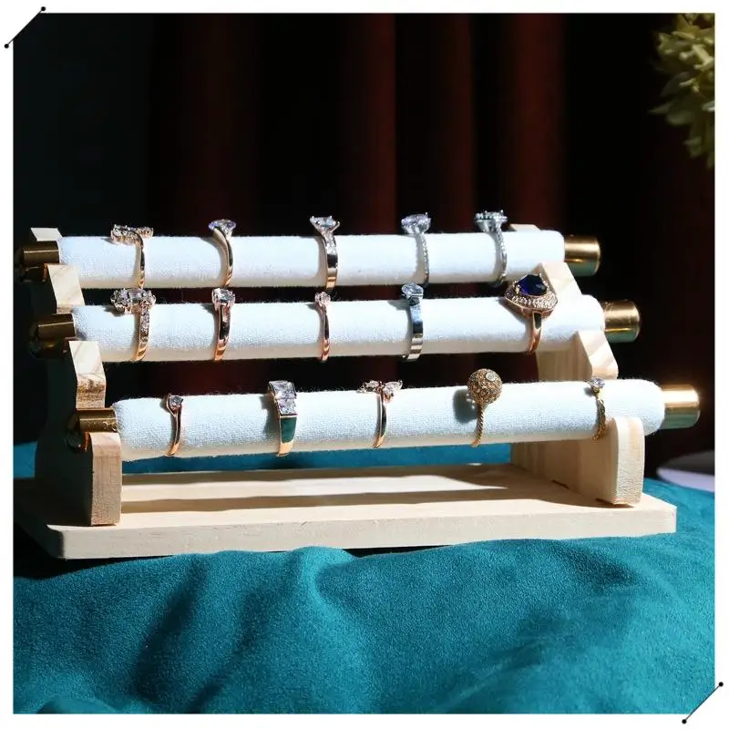 Porta anelli per espositori per gioielli in legno a 3 livelli, espositore per vetrine per gioielli con barra a T e organizer