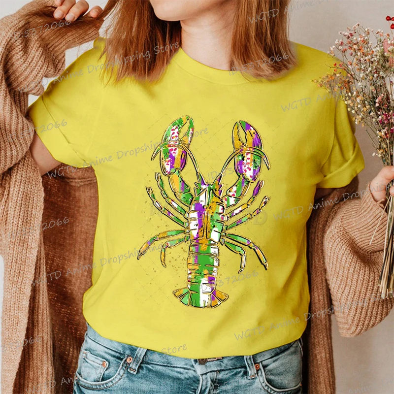 Retro Mardi Gras With Crawfish New Orleans T-Shirt Women Mardi-Gras Crawfish Outfits Graphic Tops Fashion Glitter Female Tshirts