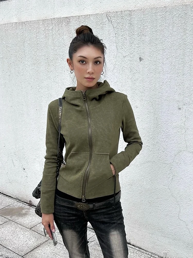 

Slim Fit Military een Long Sve Hoodie Jaet Vintage Sle ort Top Women's Faion Casual Wear round Ne Zipper Design