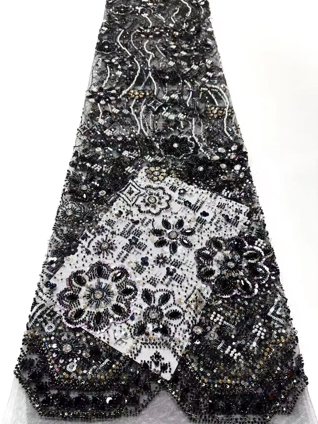 Pink African Beaded Lace Fabric High-Quality Mesh Embroidered French Sequins for Women's Evening Dresses Sewing 5 Yards 2075