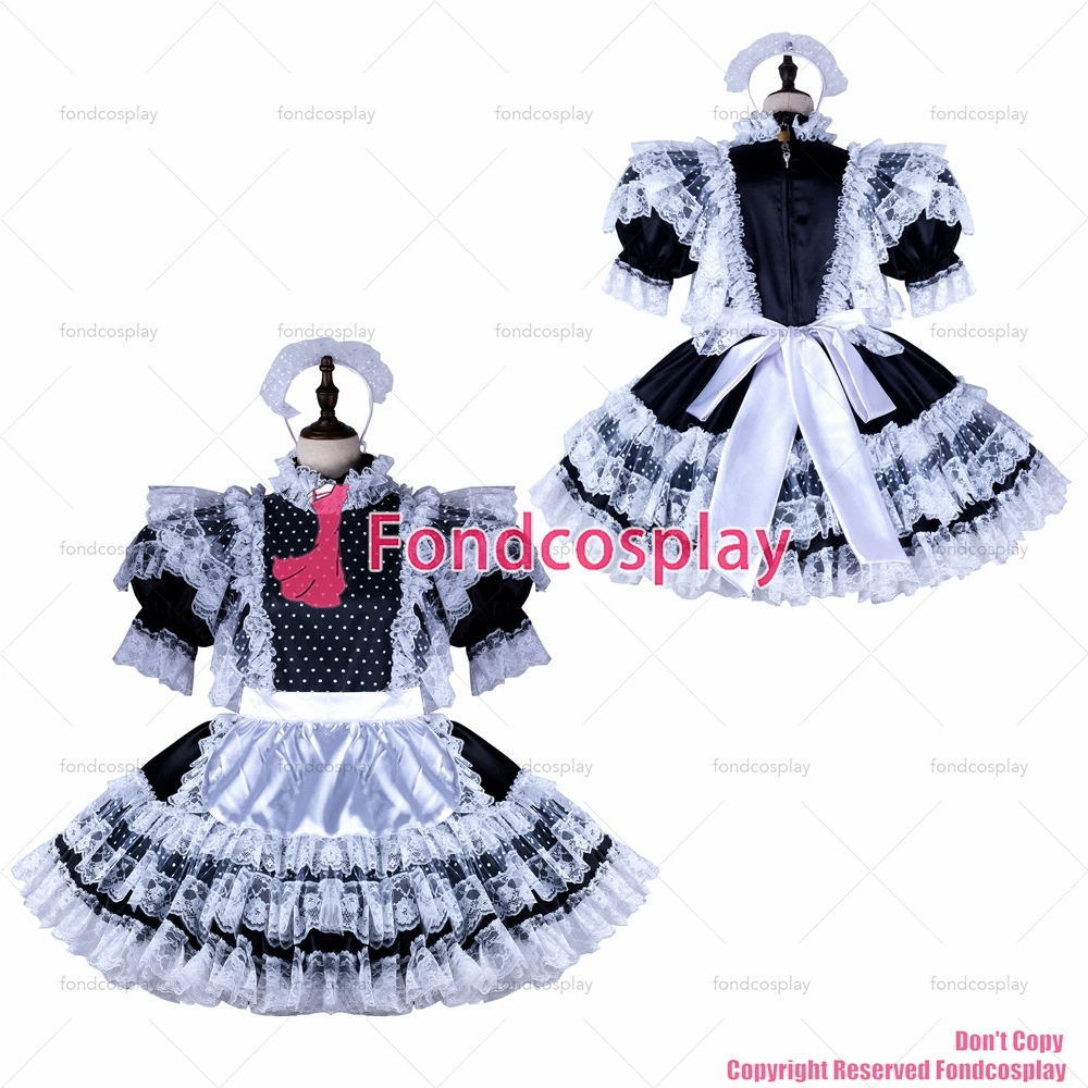 fondcosplay adult sexy cross dressing sissy maid short black satin dress lockable white apron Uniform costume CD/TV[G2349]