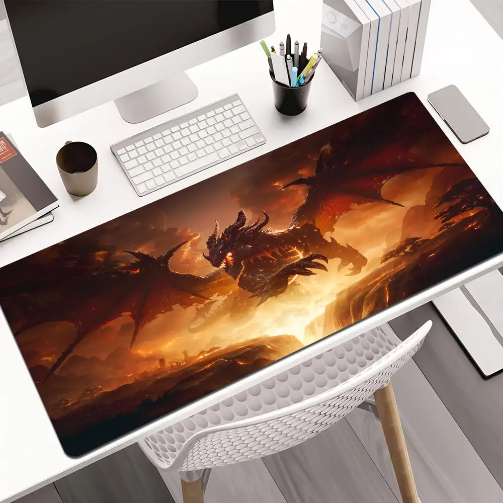 แผ่นรองเมาส์ลายมังกรยักษ์พ่นไฟวิเศษ แผ่นรองโต๊ะ XXL แผ่นรองเล่นเกม อุปกรณ์เสริมสำหรับคอมพิวเตอร์ แผ่นรองคีย์บอร์ด ยางกันลื่น