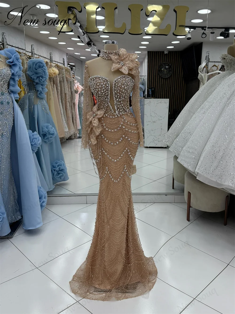 

Вечерние платья русалки цвета шампанского Robes De Soiree Элегантные вечерние платья с цветочным принтом и кристаллами из бисера Арабское коктейльное платье