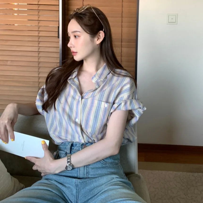 

2026 Summer Korean Chic Striped Short Sleeve Shirt Collared Versatile Design Women's Fashion Top Breathable Skin-Friendly