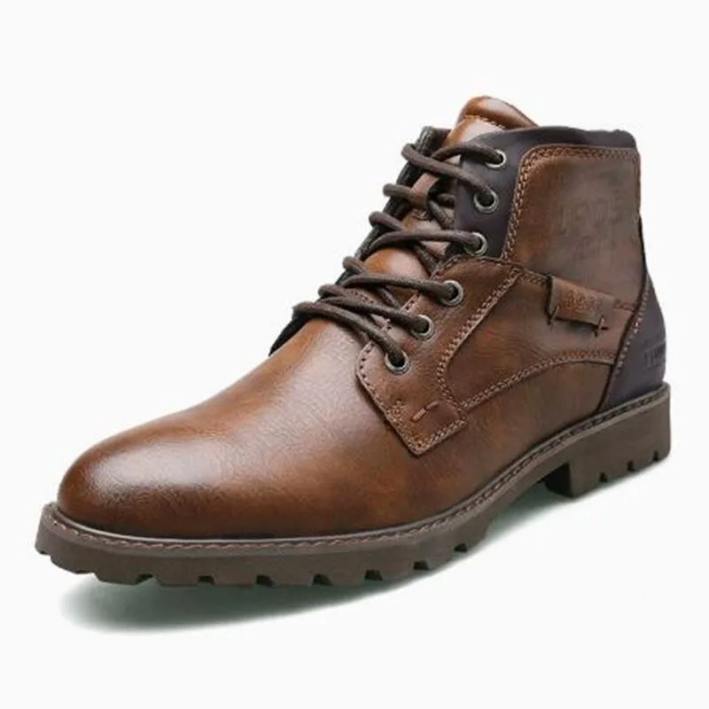 Leather Men Ankle Boots Plus Size High Top Shoes Outdoor Work Casual Shoes Motorcycle Military Combat Boots Fashion Autumn Brown