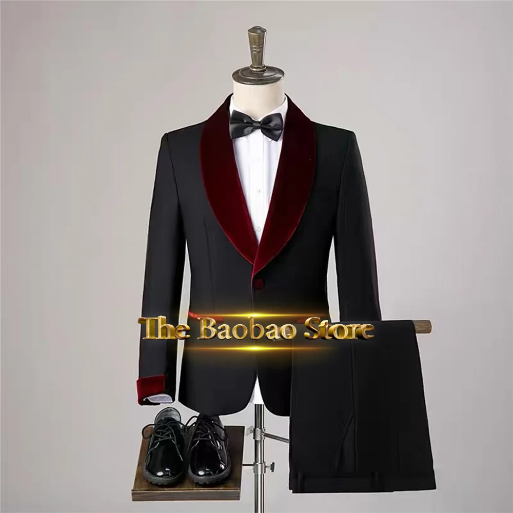 

Мужской стильный черный костюм-двойка, бордовый бархатный пиджак с шалью и лацканами, брюки, облегающий комплект, смокинг на заказ для свадьбы, жениха, банкета