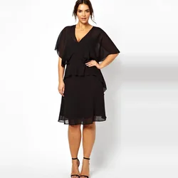 Plus Size Sexy V-neck Elegant Summer Chiffon Dress Women Batwing Sleeve Dovetail Black Party Dress Large Size Office Dress 6XL