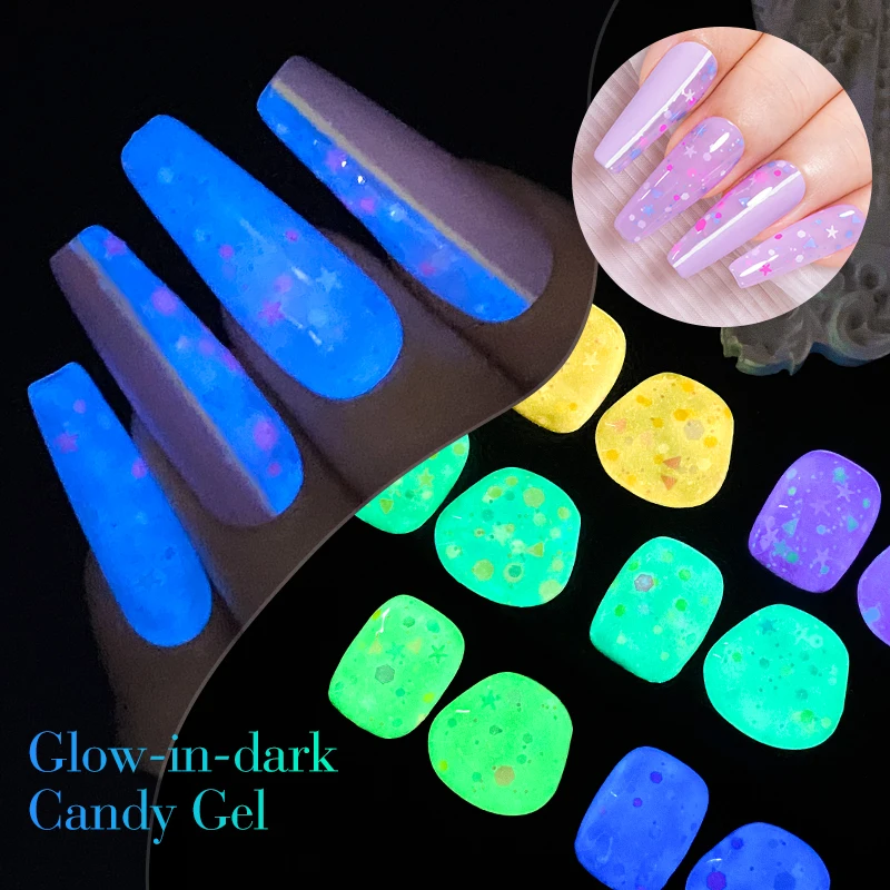 MEET ACROSS 7ml Glow In Dark Candy Gel Nail Polish Summer Sparkly Glitter Sequins Luminous Nail Art UV Gel Varnish Manicure