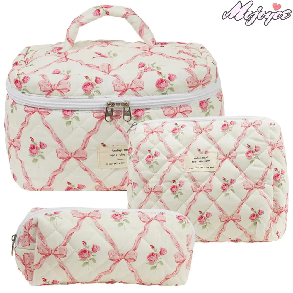

3Pcs Makeup Bag Set Cosmetic Organizer Bag Large Capacity Quilted Coquette Toiletry Bag Aesthetic Cotton for Outdoor Travel
