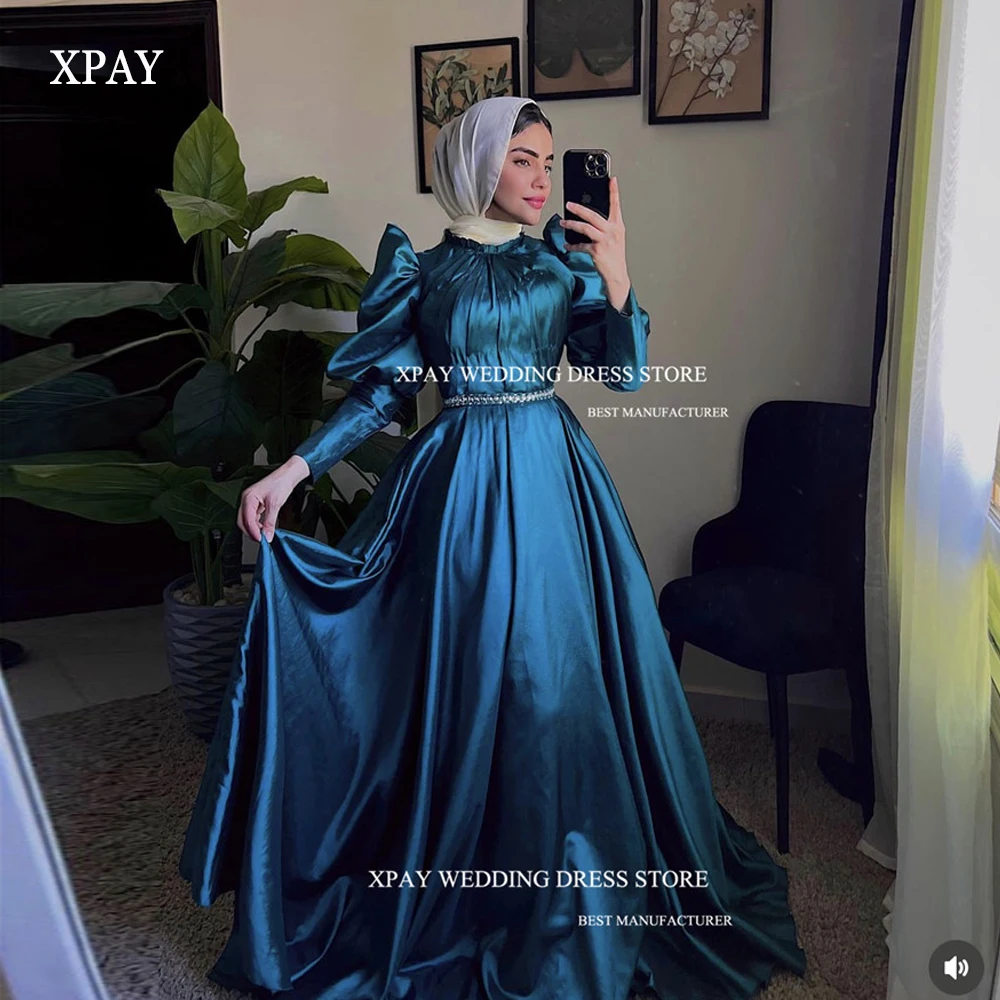 XPAY New Vintage Satin Muslims Party Dresses A-Line Long Puff Sleeves O-Neck Floor-Length Evening Dresses Formal Prom gowns