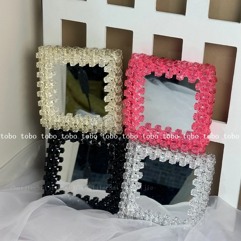 SHINE Homemade Beaded Woven Purse Accessories Niche Original Square Makeup Mirrors for Women Cute Sweet Bag Accessories