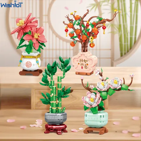 Bloques de construcción MOC, orquídeas de bambú de la suerte, flores artificiales, bonsái, plantas en macetas, decoración creativa para el hogar, juguete de ladrillo, regalo romántico