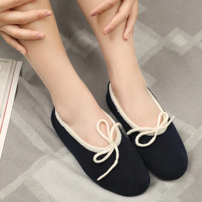 Cashmere knitted home women\'s shoes soft bottom warm keeping comfortable slippers 2023 new lace-up