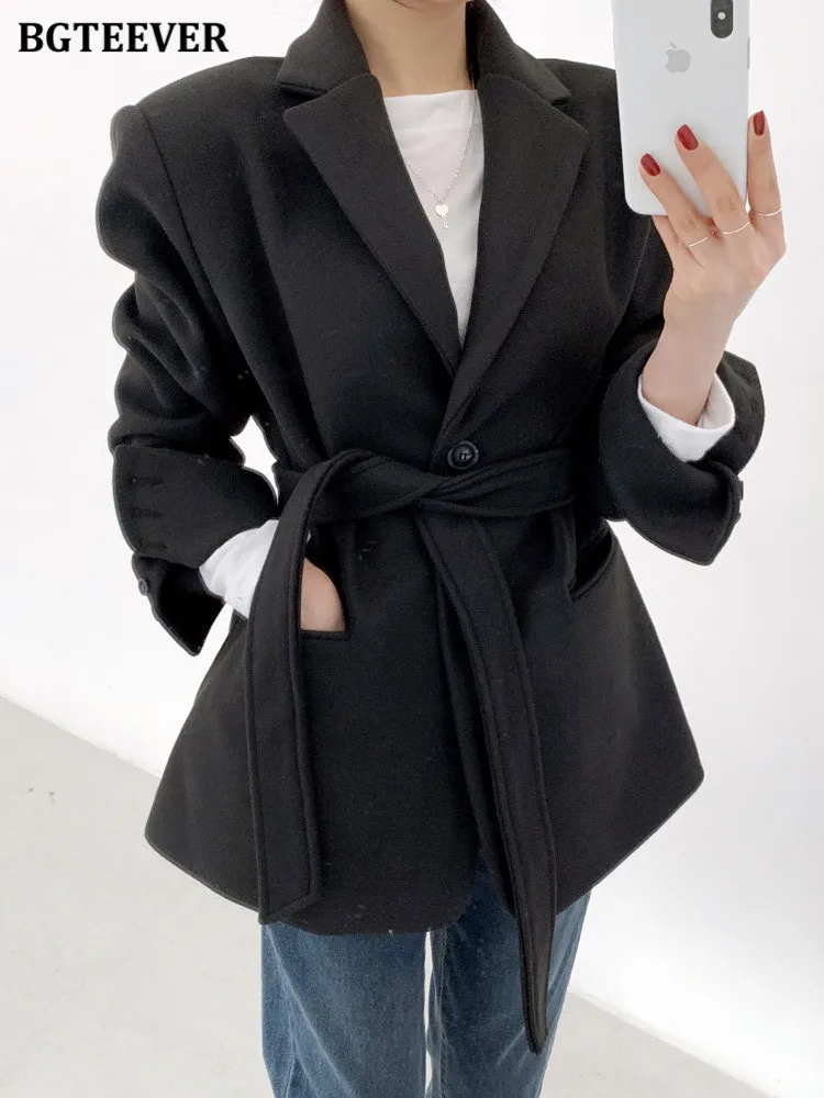 BGTEEVER Winter Notched Collar Single-breasted Woolen Blazer Women Elegant Full Sleeve Lace-up Thicken Women Suit Jackets