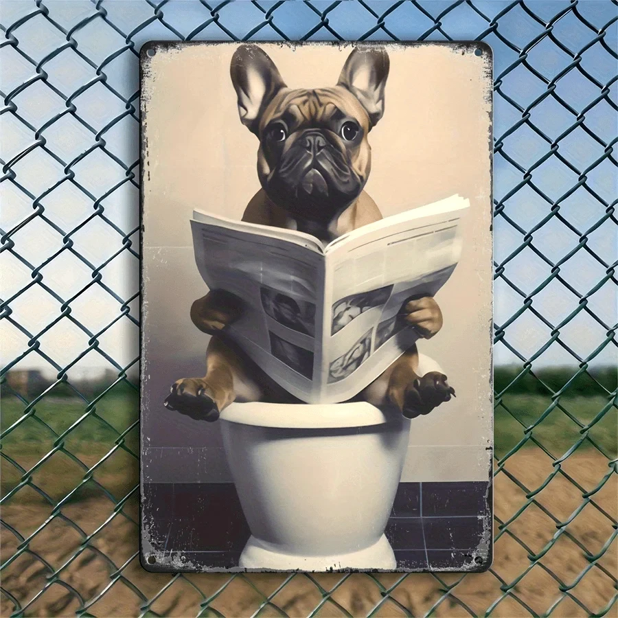 Vintage Metal Tin Sign Featuring a Dog Reading on the Toilet - a Whimsical French Bulldog with Newspaper Design, Perfect for Home Decor