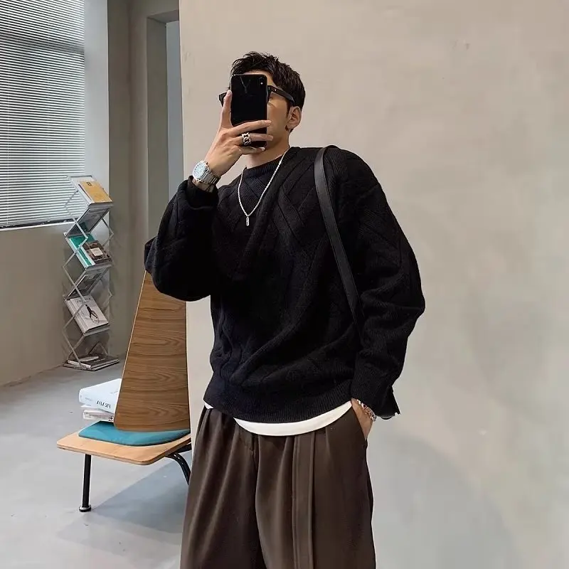 Suéter Tricotado de Gola Redonda Estilo Casual Masculino, Moda Outono Inverno, Cor Sólida, Estilo Americano