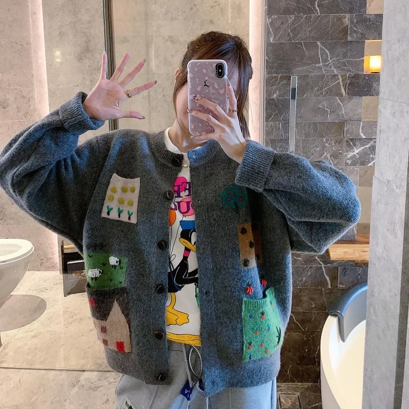 

Cardigan Women Sweater Loose Contrast Knit Sweater 2023 Coat Women Autumn/Winter Long Sleeve O Neck Sweater Cardigan Female