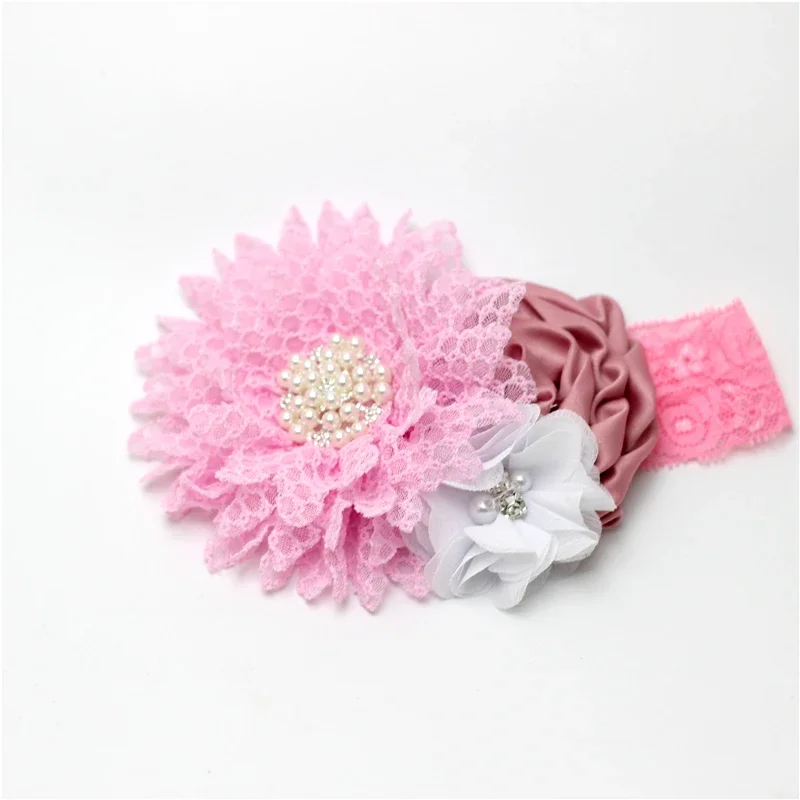 Baby Mädchen Blumen Stirnband Neugeborenen Perlen Blumen mit Spitze breite Stirnbänder Bebes Haarschmuck Phoro Requisiten Kinder Turban