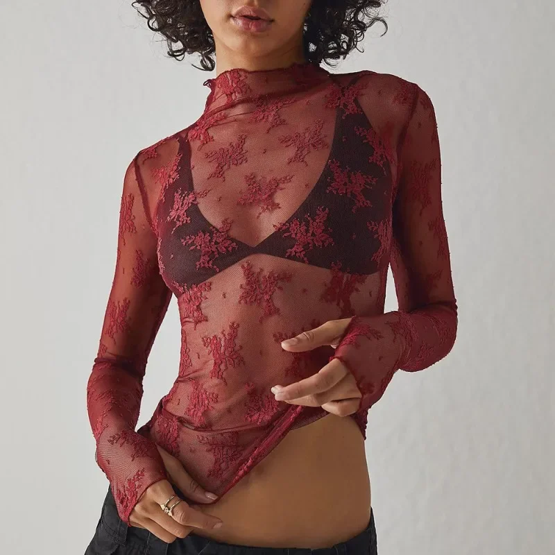 Women's Mesh Transparent Long Sleeved T-shirt Stand Up Collar Lace Shirt Slim Fit Bottom Sexy Spicy Girl Street Outfit YDL08