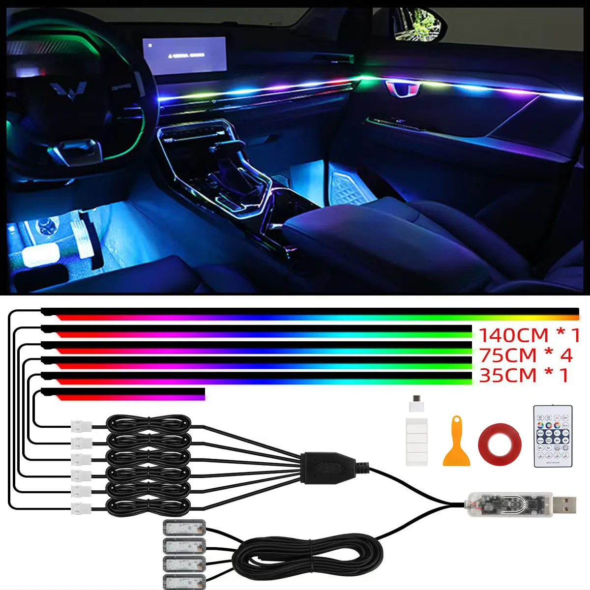 

Car LED Acrylic Light Strip RGB Symphony Auto Interior Strip Lights Remote/APP Control Decorative Atmosphere Lamp