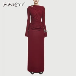 TWOTWINSTYLE Solid Slimming Spliced Folds Dresses for Women Round Neck Long Sleeves Patchwork Zipper Dress Female Clothing New