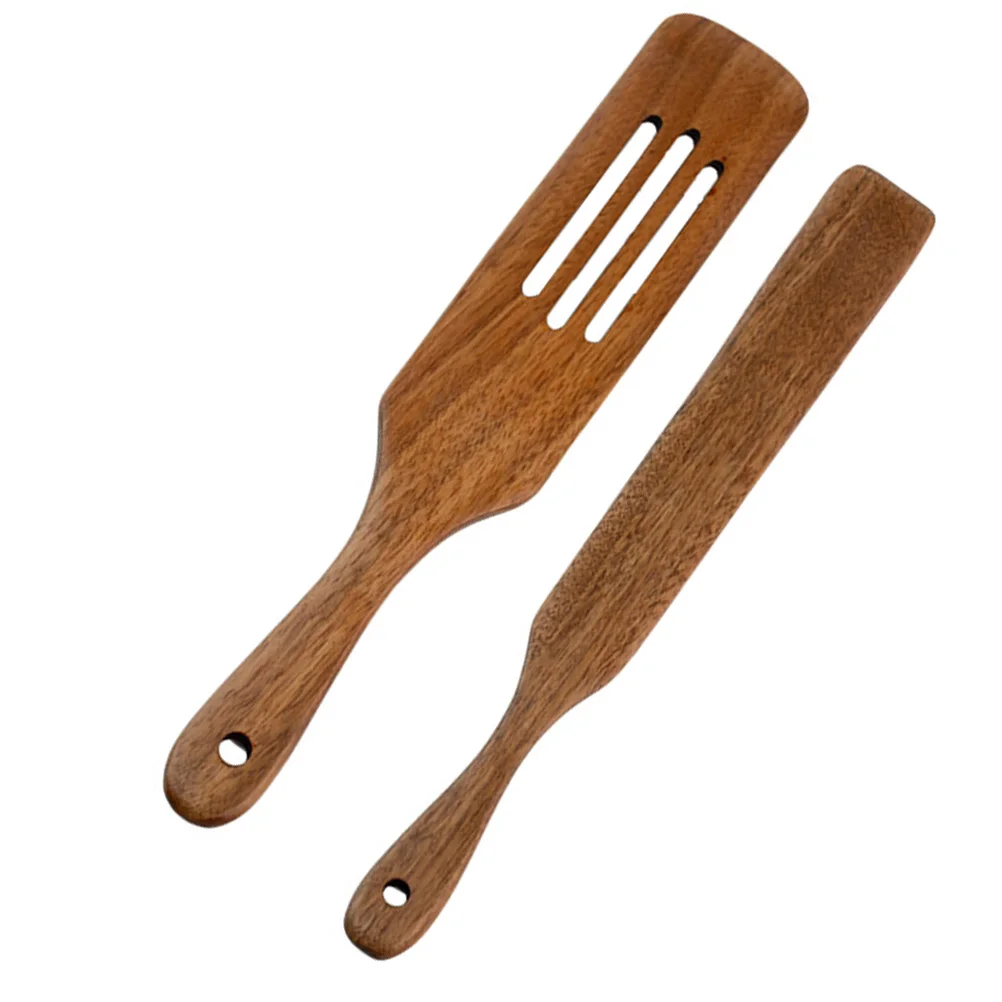 

2pcs Wooden Cooking Utensil Set Non Stick Heat Resistant Kitchen Tools Natural Wood Spatula Tableware Set For Family