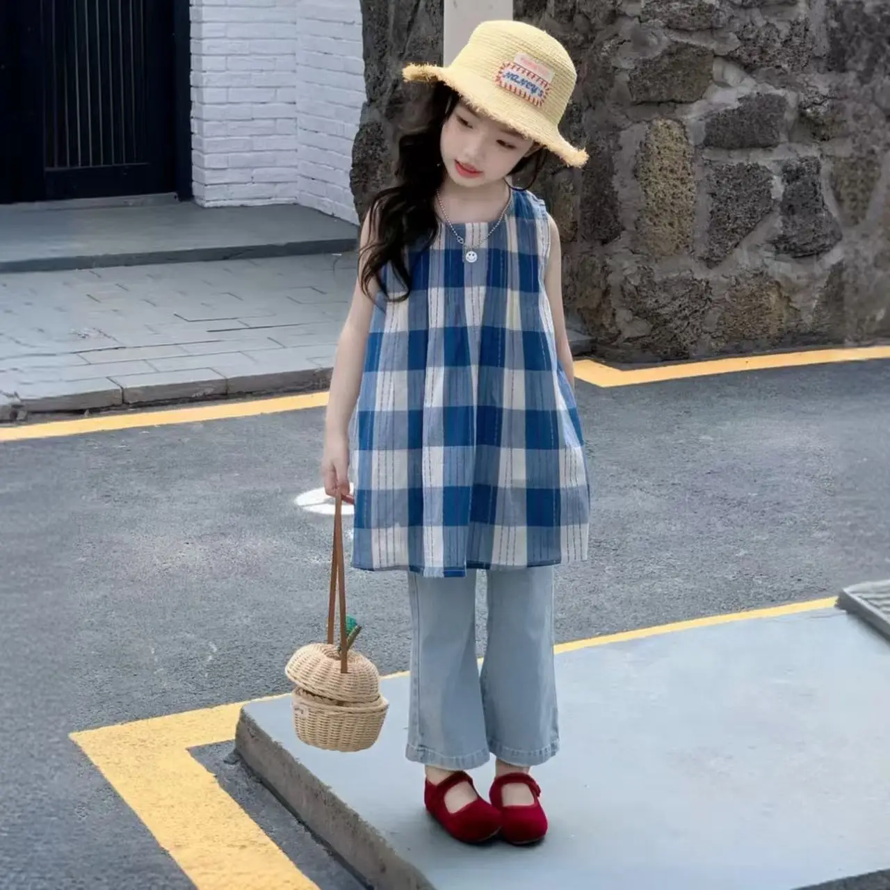 2026 Summer Style Girls' Fresh And Stylish Plaid Vest Skirt Fashionable And Versatile Denim Bell Bottom Pants