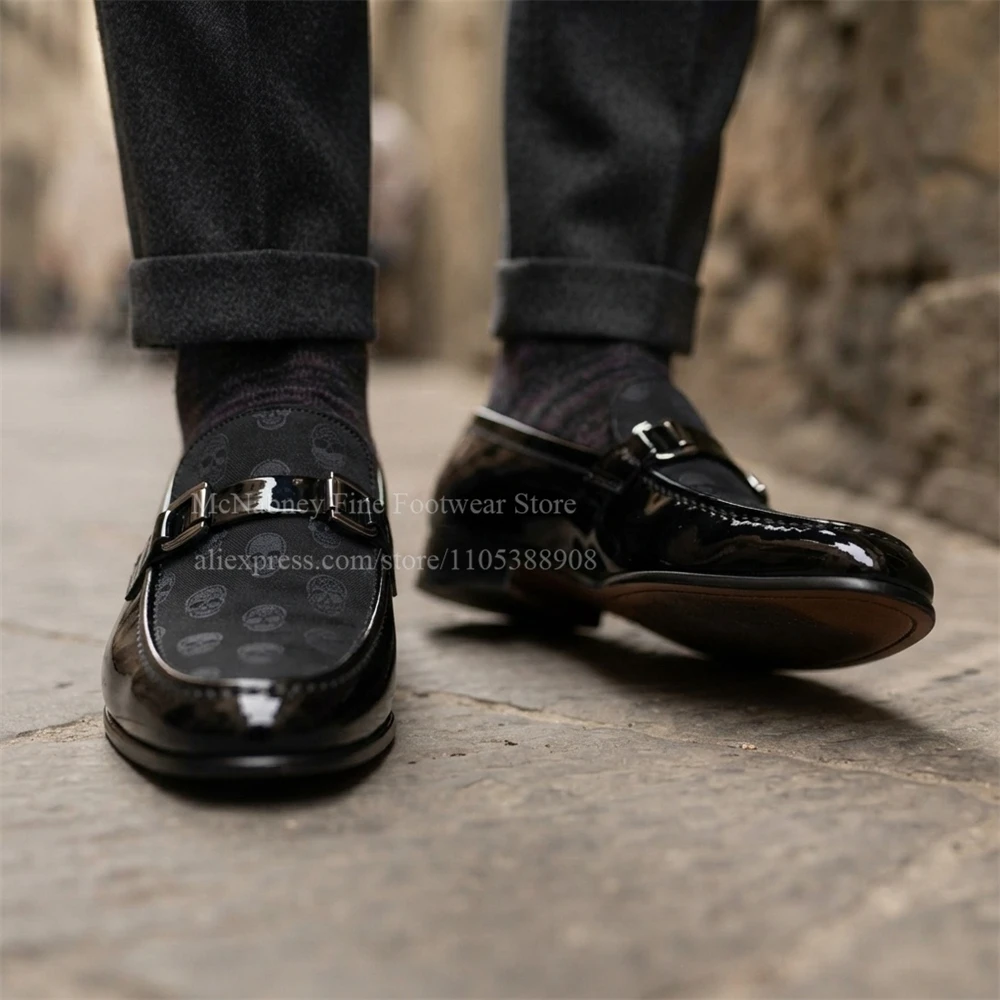 Skull Print Patent Leather Buckle Strap Loafers Men Slip on Square Toe Formal Shoes Dress Casual Business Party Daily Plus Size