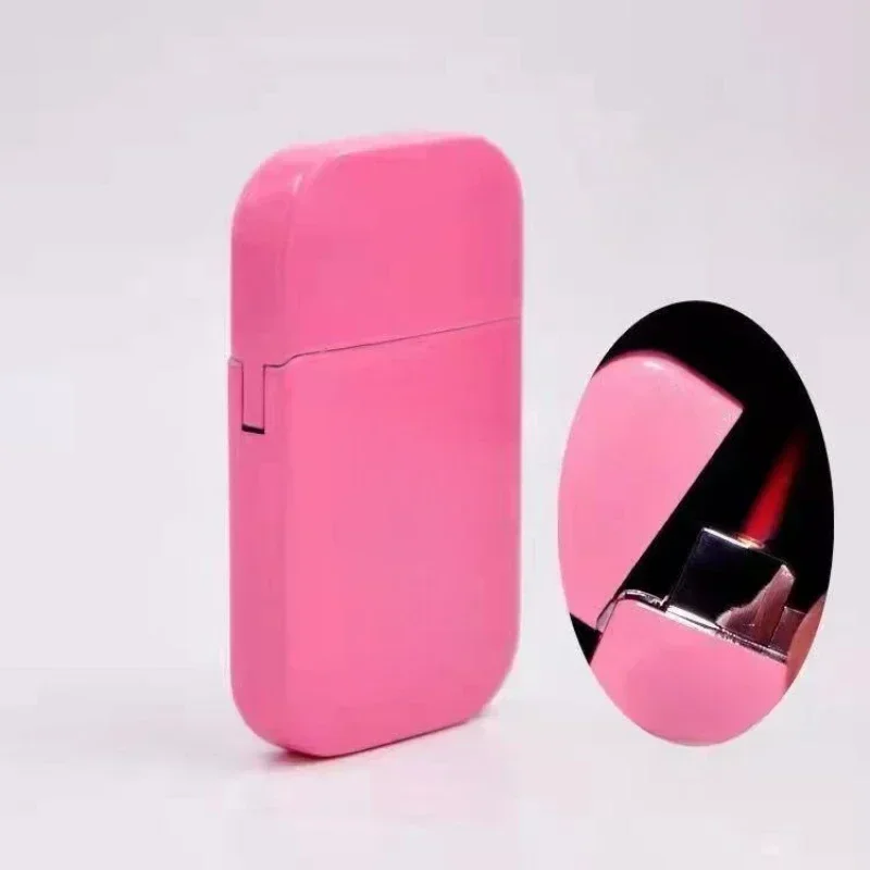 Ultra Thin Metal Inflatable Pink Flame Lighter Windproof Spray Butane Portable High Firepower Lighter for Women Smoking Gift