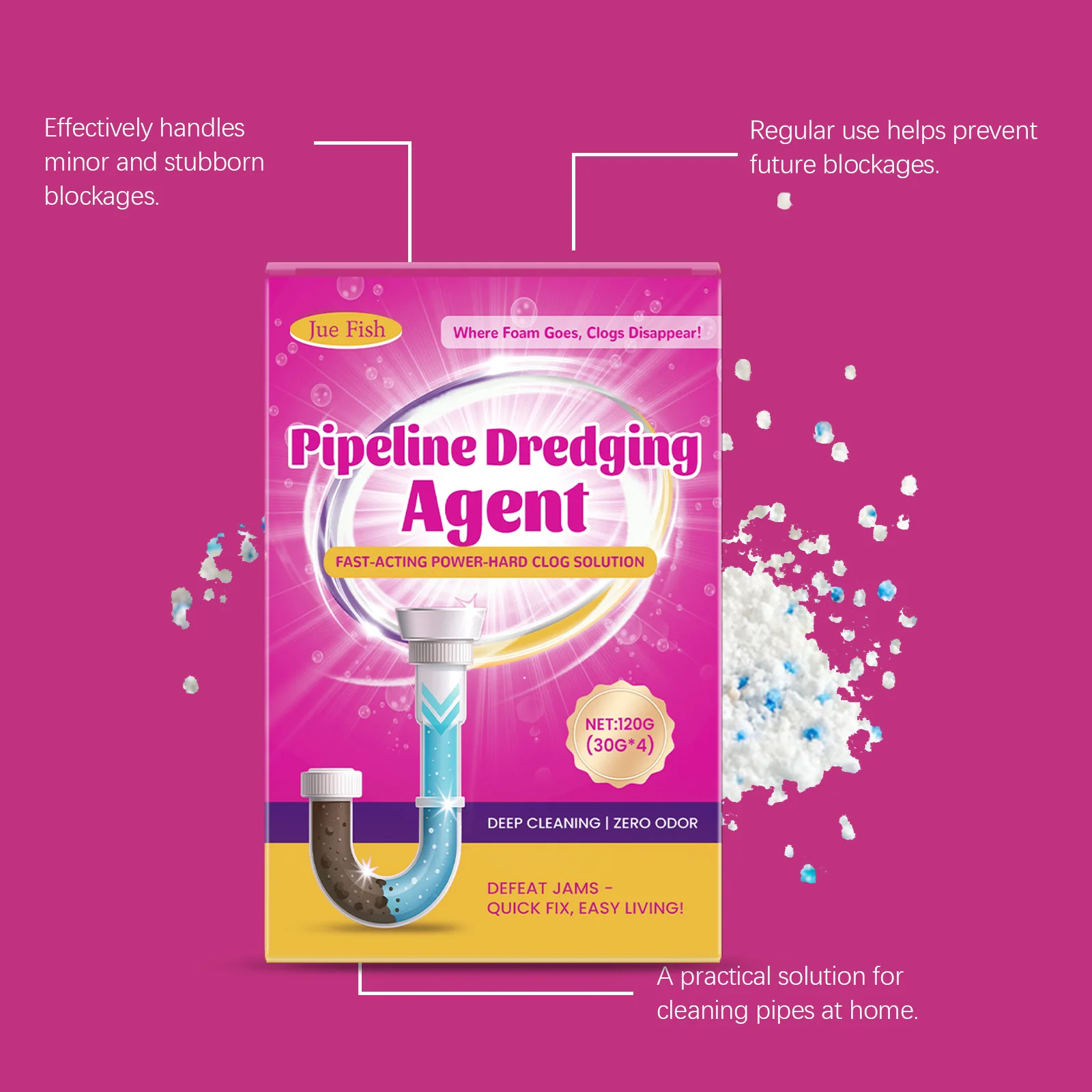 

JUE FISH Pipeline Dredging Agent - Strong Pipe Dredging Powder, Dissolves Grease/Hair/Food, for Kitchen/Bathroom Drains 3pcs
