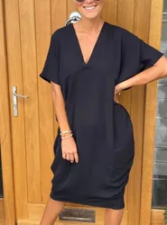Fashion V-neck Short Sleeve Midi Dress Women 2024 Summer Loose Casual White Elegant Dresses For Women Robe Femme