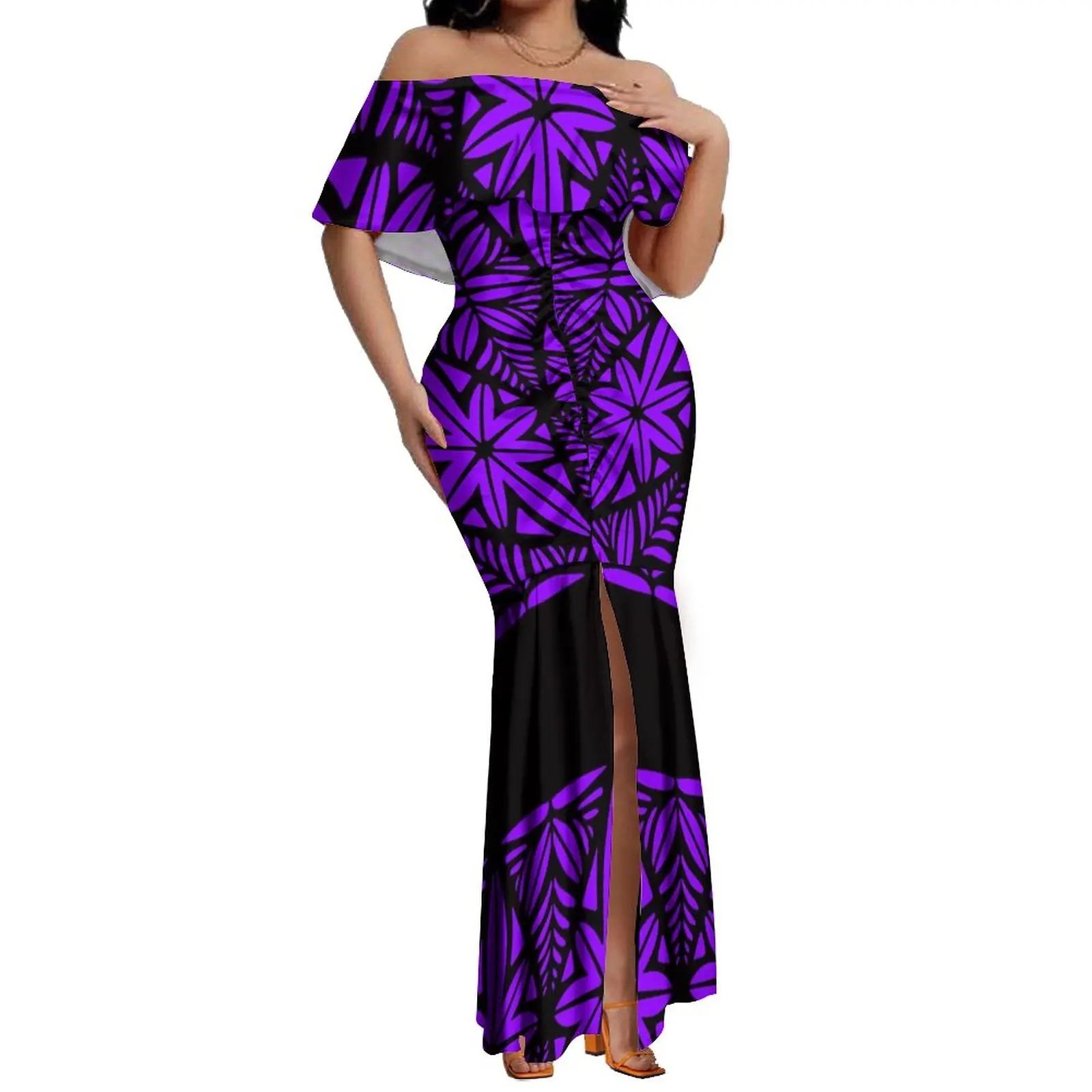 Polynesian Hd Print Long Fishtail Dress Pacific Island Art 8xl Elegant Off-The-Shoulder Mermaid Dress For The Evening