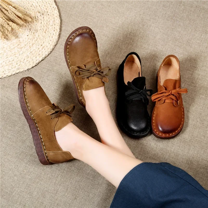 Casual Shoes Female Ladies Flats Vulcanized Shoes Genuine Leather Lace Up Flat Shoes Round Toe Classics Fashion Shoes For Woman