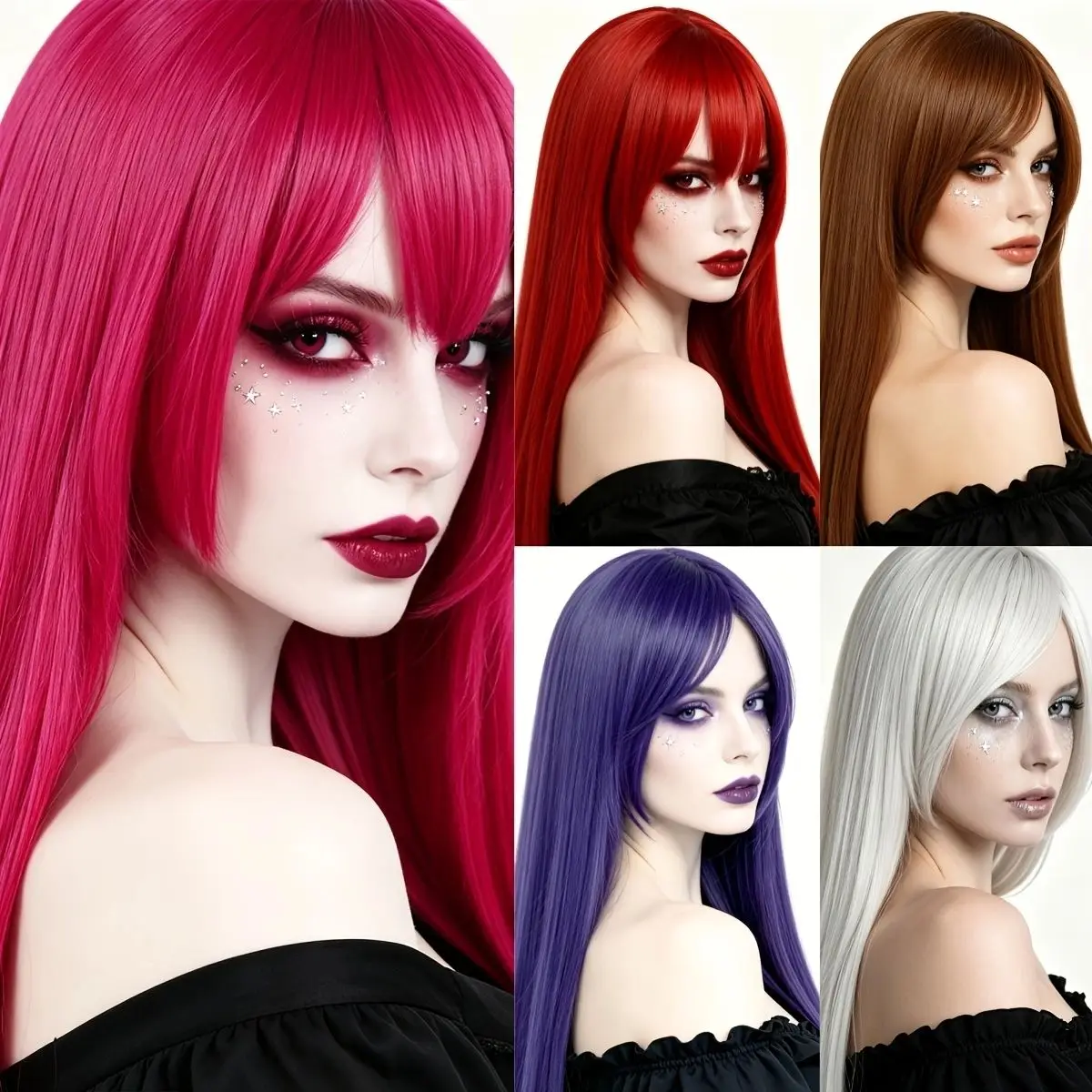 Extra Long straight wig side bangs synthetic heat resistant hair women halloween party (Purple Red Silver White Rose Red Brown)