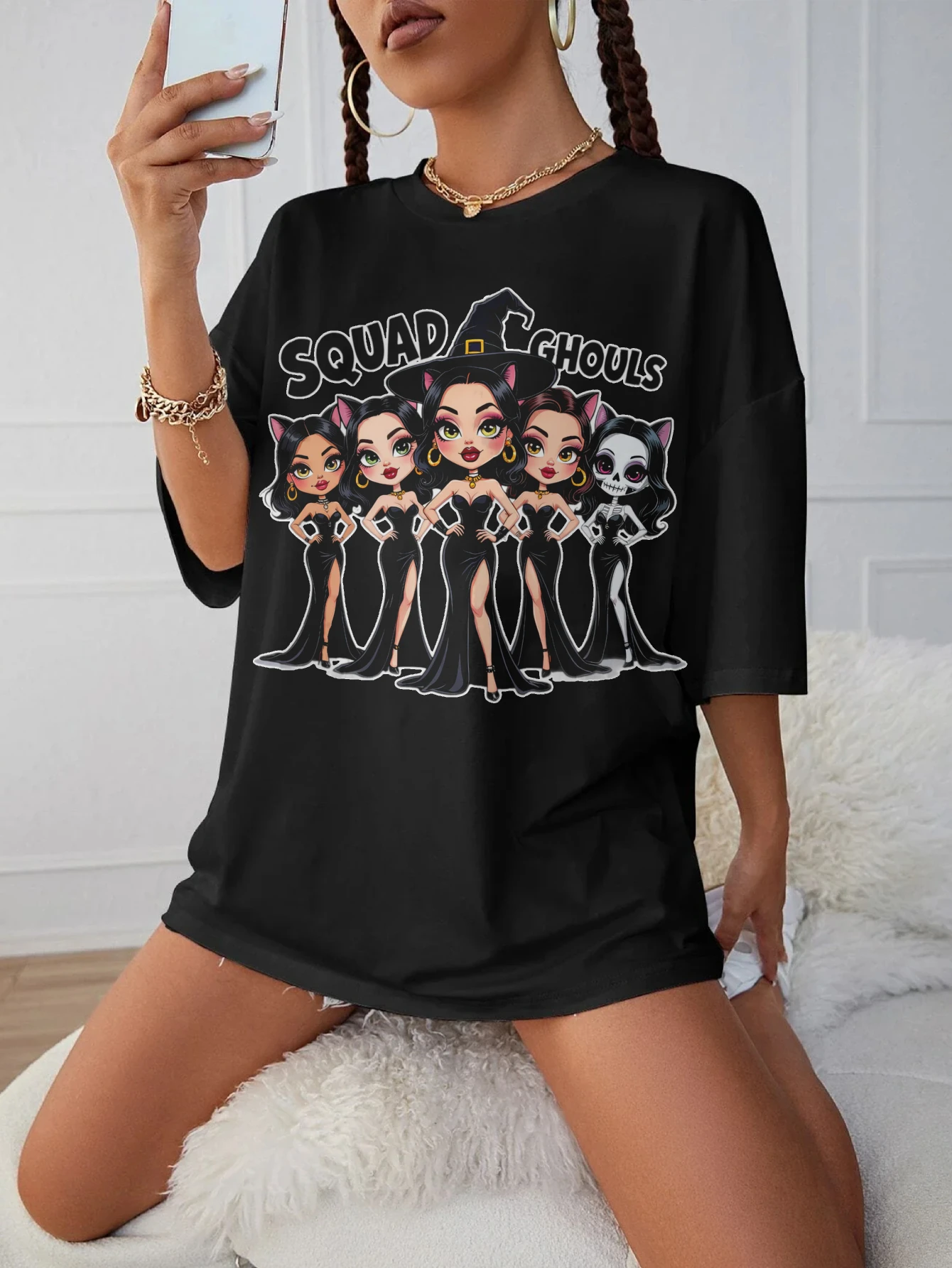 

Squad-Ghouls-Halloween-Girl-Gang Women's Summer Maternity Top Black Round Neck Loose Fit Comfortable Late Pregnancy Wear
