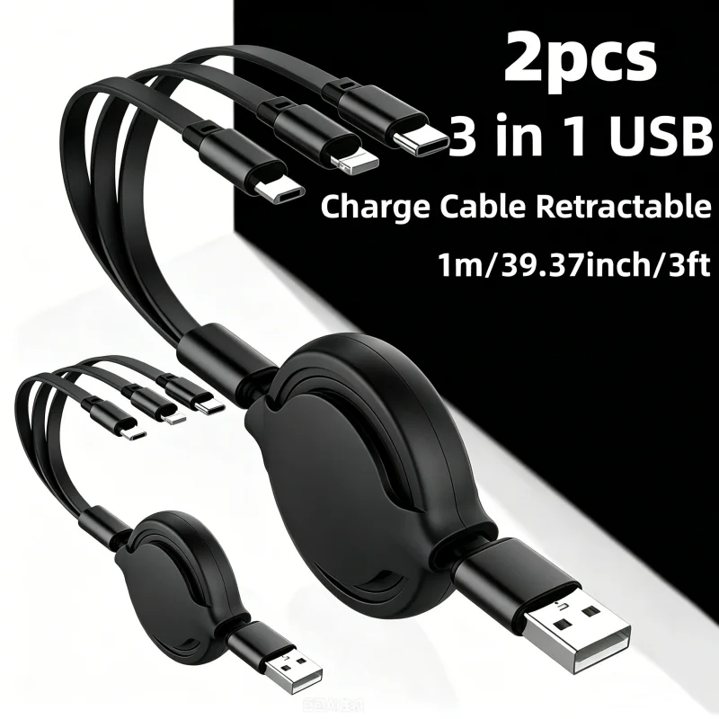 3 In 1 black Retractable USB Cable Fast Charging Data Cord For Iphone Samsung Huawei Xiaomi Multi Port Multiple Charging Wire