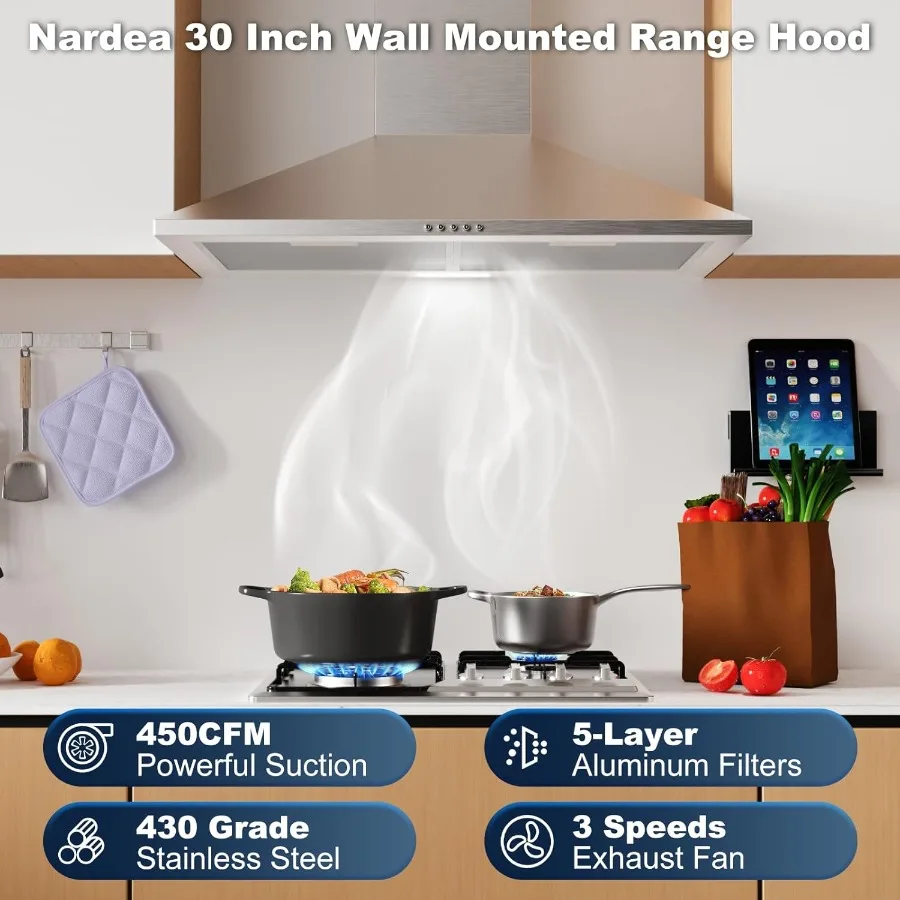 شفاط المطبخ على الحائط 30 بوصة مع 450 CFM مروحة عادم عالية الأداء تصميم قابل للتحويل بدون أنابيب للمطبخ الفعال