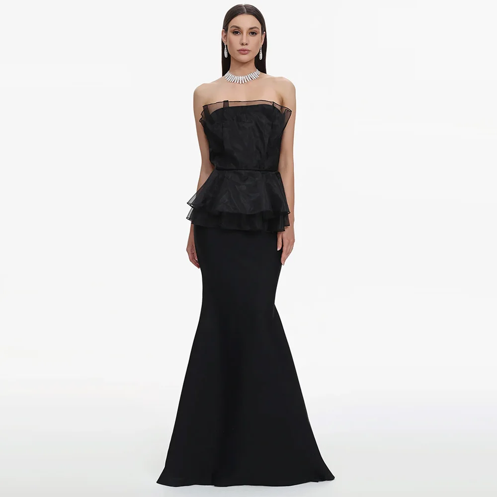 

Black Strapless Sleeveless Mermaid Evening Dress Customized Modern Sweep Train Prom Dress Fashion Zipper Back Celebrity Gowns