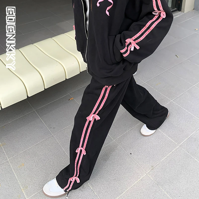 Korean Bow Black Wide Leg Sweatpant Women Y2k Stripe High Waisted Straight Pants College Style Drawstring Casual Sports Trousers