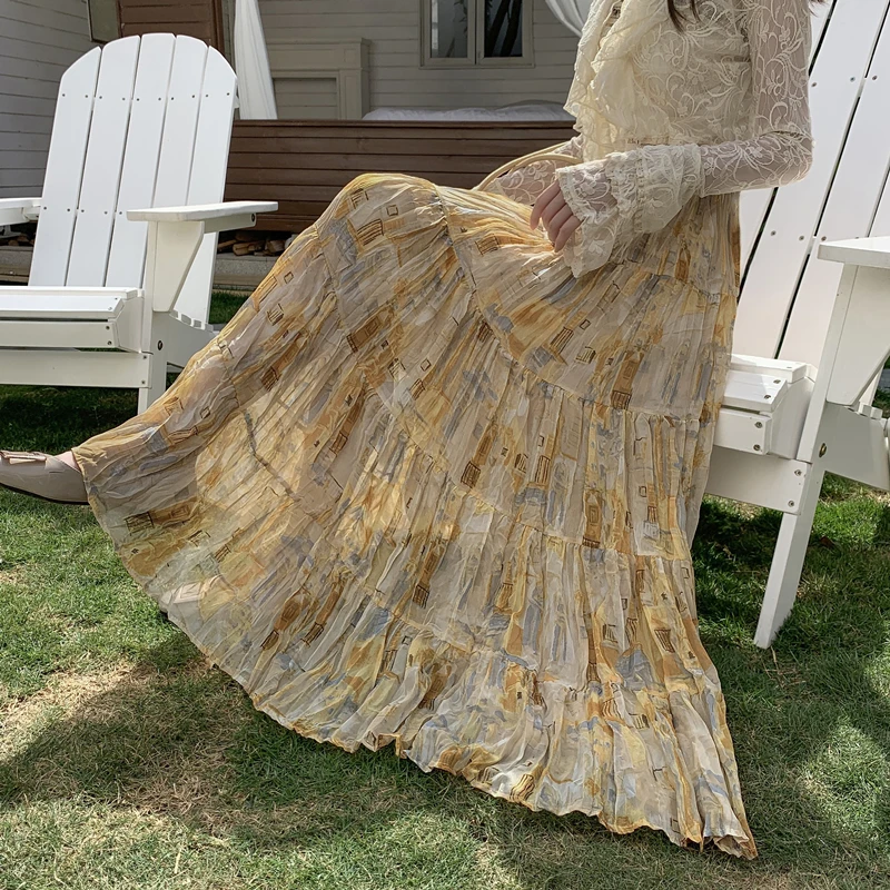 Dyed Yellow Print Half Skirt Pleated Holiday Bohemian Patchwork Flared Cake Style Snowflake Floral Skirt High Waist Long Skirt