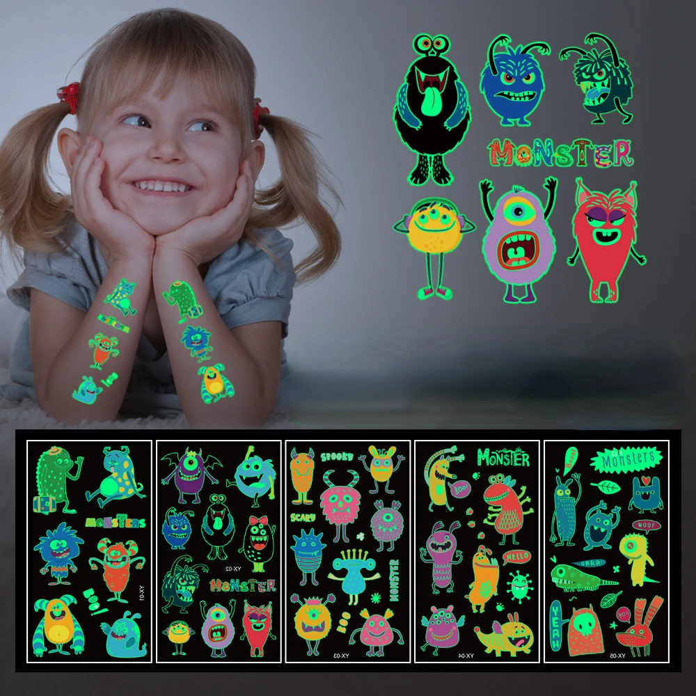 5Pcs Luminous Glitter Tattoo Stickers Monster Children Temporary Waterproof Funny Tatto Body Art Cute Kid Cartoon Fake Tatoo