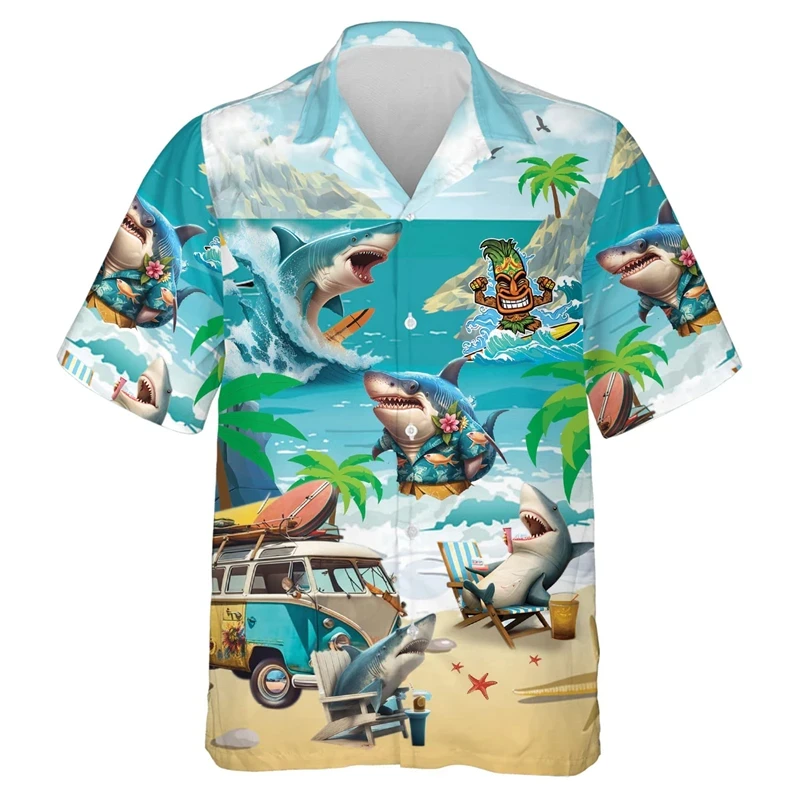 Hip Hop Hawaiian Shark Shirts For Men Clothes Funny Animal Graphic Beach Shirt Aloha Surfing Lapel Blouse Vacation Short Sleeve