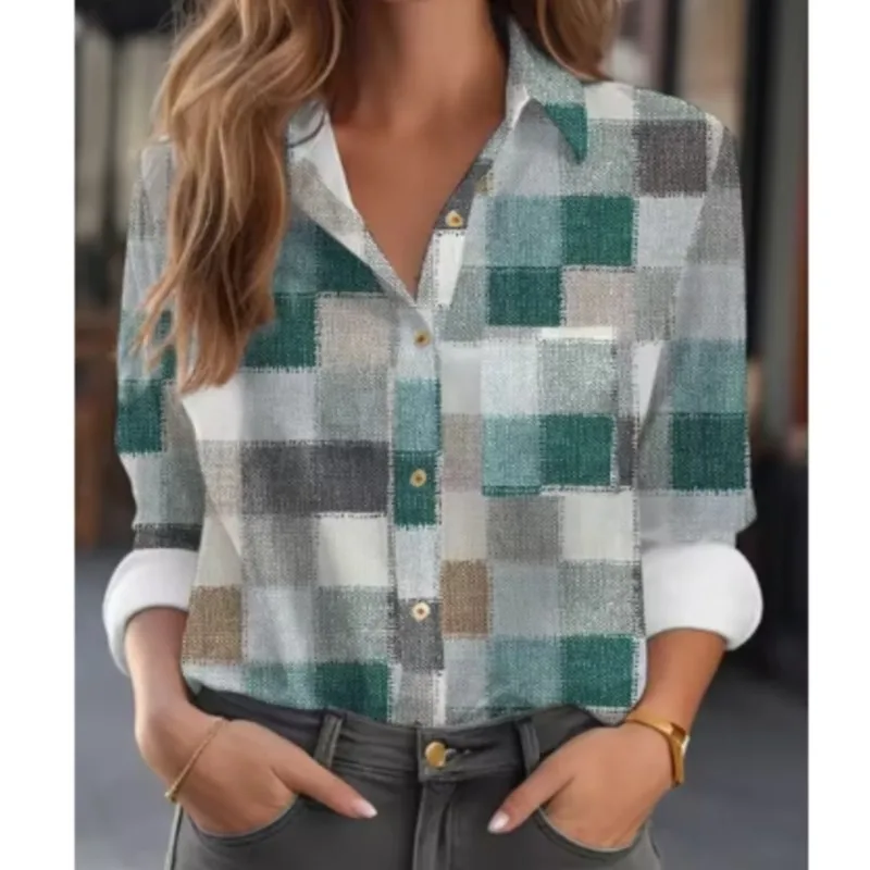 New women\'s lapel retro checkered printed long sleeved shirt for autumn casual and refreshing top fashionable and trendy shirt