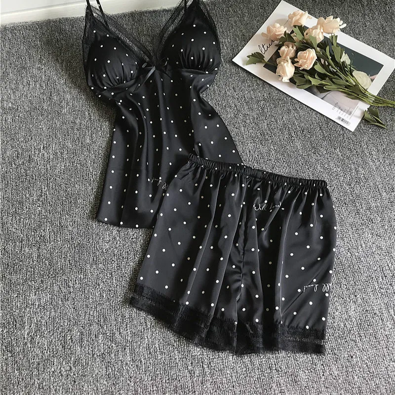 QWEEK Lace Pajamas for Woman Satin Pijama Mujer Sexy Lounge Wear Silk Pyjamas Sleepwear Pjs Set Nightwear Pijamas Feminino