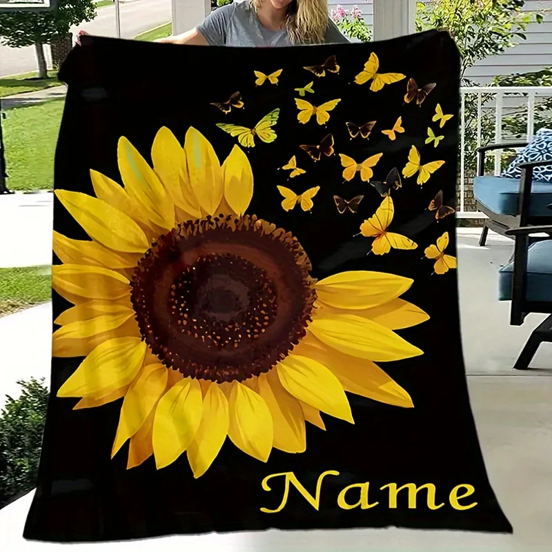 Maßgeschneiderte Flanelldecke mit Sonnenblumen- und Schmetterlingsdruck und personalisiertem, weichem und warmem Digitaldruck, reißfest