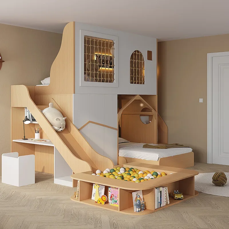 Multifunctional combination children on and off bed double high and low mother and child bed treehouse secret base elevated