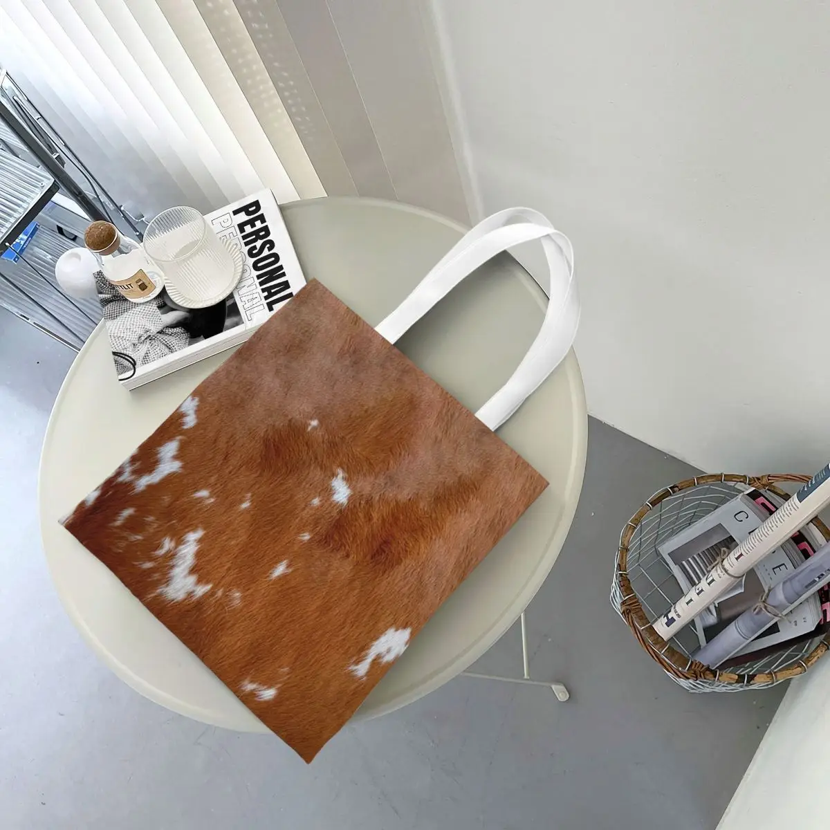 Tas Belanja Bergaya Tekstur Kulit Sapi Motif Kulit Sapi Tas Kanvas Reusable Tas Jinjing Selempang Tas Tangan Travel