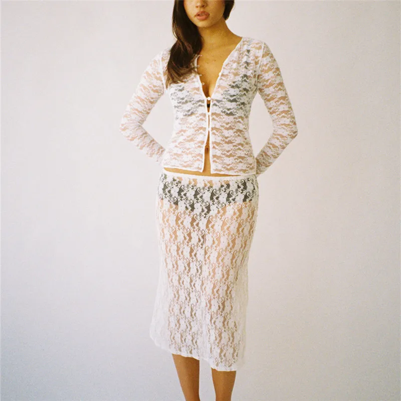 

Женское нижнее белье Gaono, комплект из 2 предметов, сетчатые кружевные топы с длинным рукавом и пуговицами, модель узкая юбка средней длины, клубная одежда