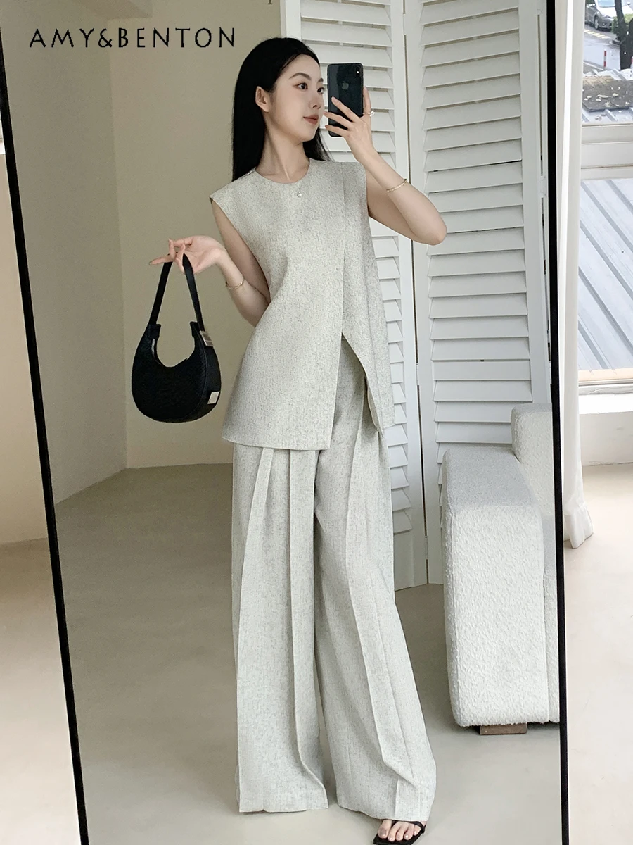 

Commuting Style Temperament Gray Vest Wide-leg Pants Two-piece Set Women 2024 Summer New Graceful Versatile Office Lady Outfits