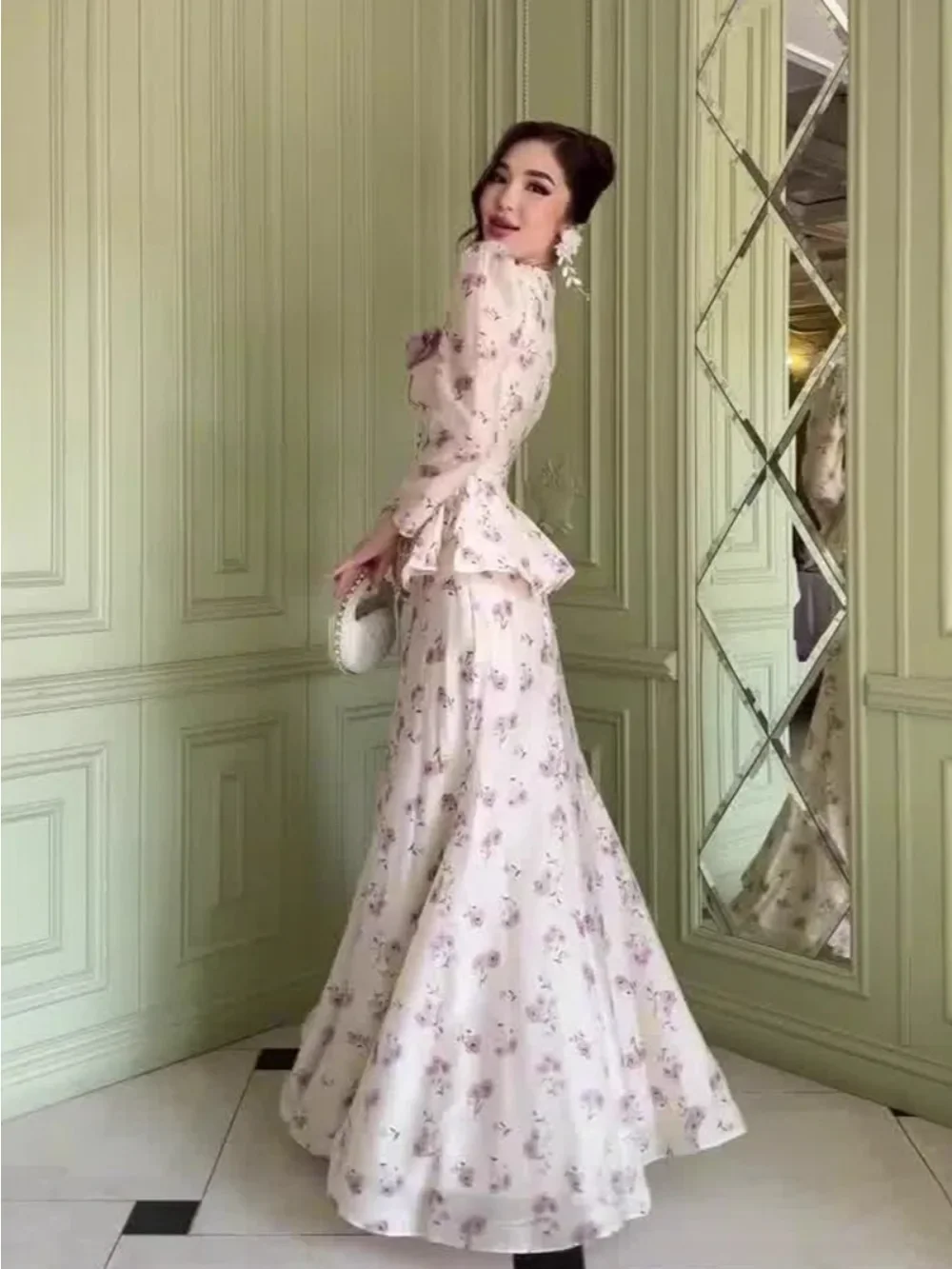 Eid Women Floral Shirt Skirt Muslim Set Sweet Musulman Ensembles 2 Piece Set Shirt Jalabiya Ramadan Dubai Kaftan Arab Long Robe